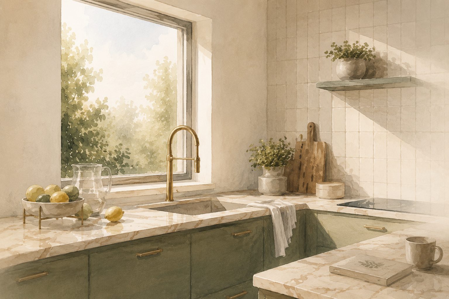 Atmospheric watercolor kitchen interior